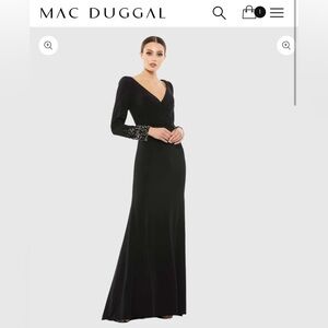 MAC DUGGAL Black Beaded Cuff Long Sleeve Wrap Over Trumpet Gown